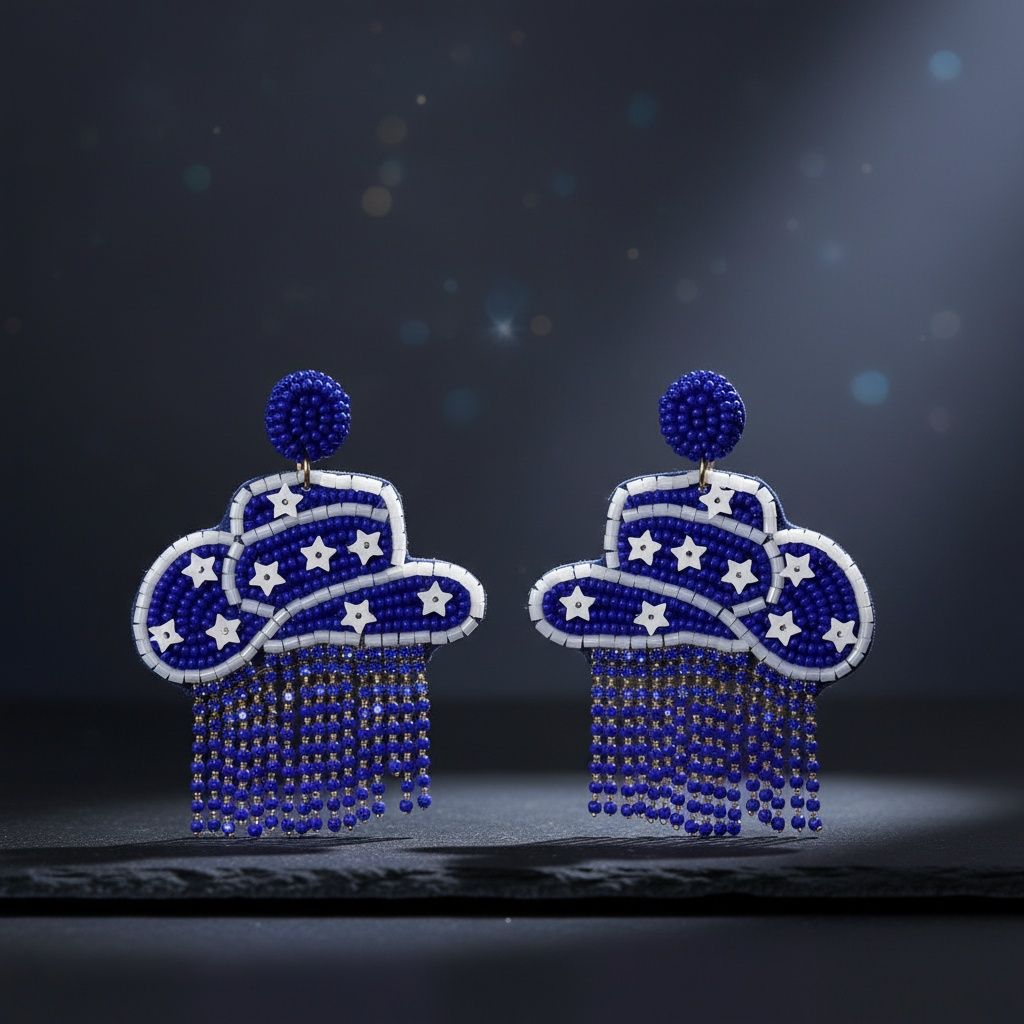Fringe Blue White Bead Bling Cowboy Hat Earrings