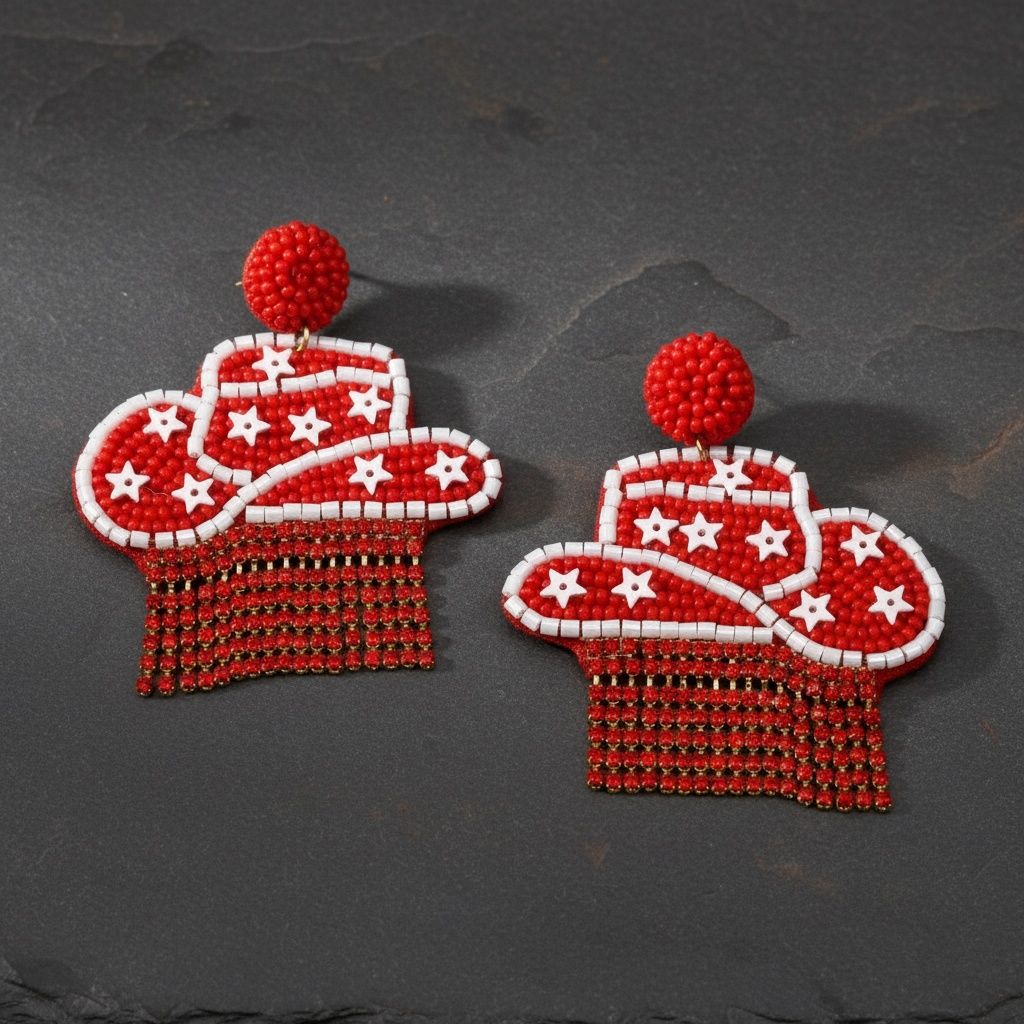 Fringe Red White Bead Bling Cowboy Hat Earrings