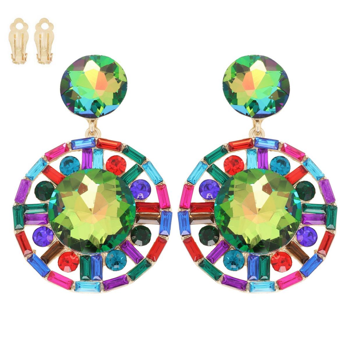 Clip On Large Multi Crystal Round Drop Earrings