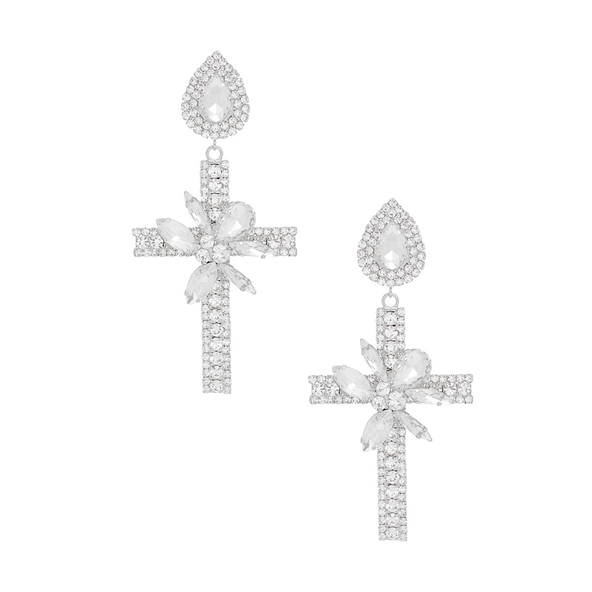 Drop Long Formal Silver Crystal Cross Earrings