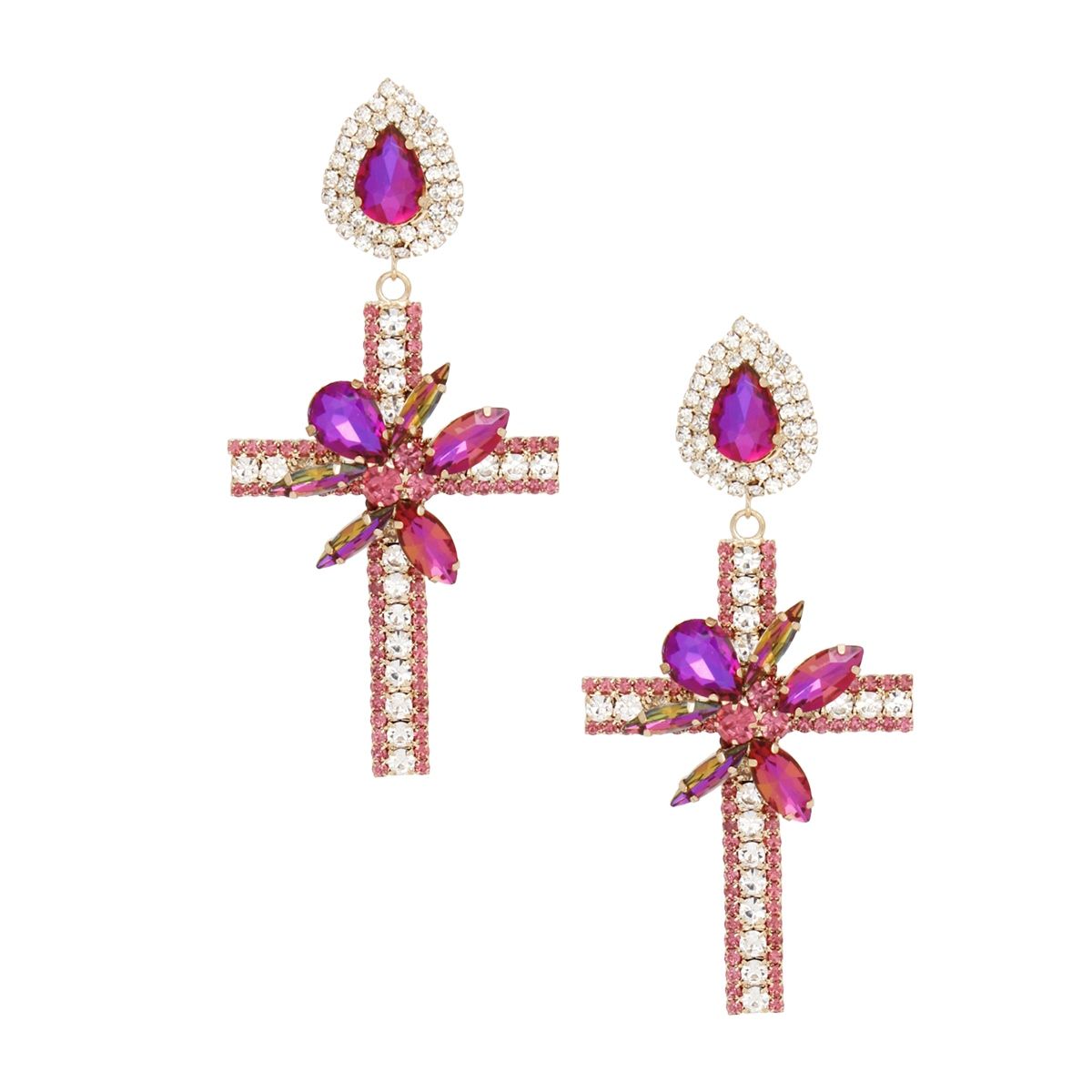 Drop Long Formal Purple Crystal Cross Earrings