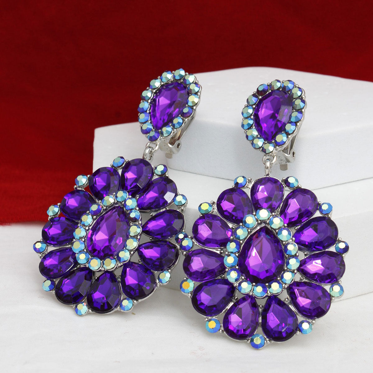 Clip On Brilliant Purple Teardrop Crystal Earrings