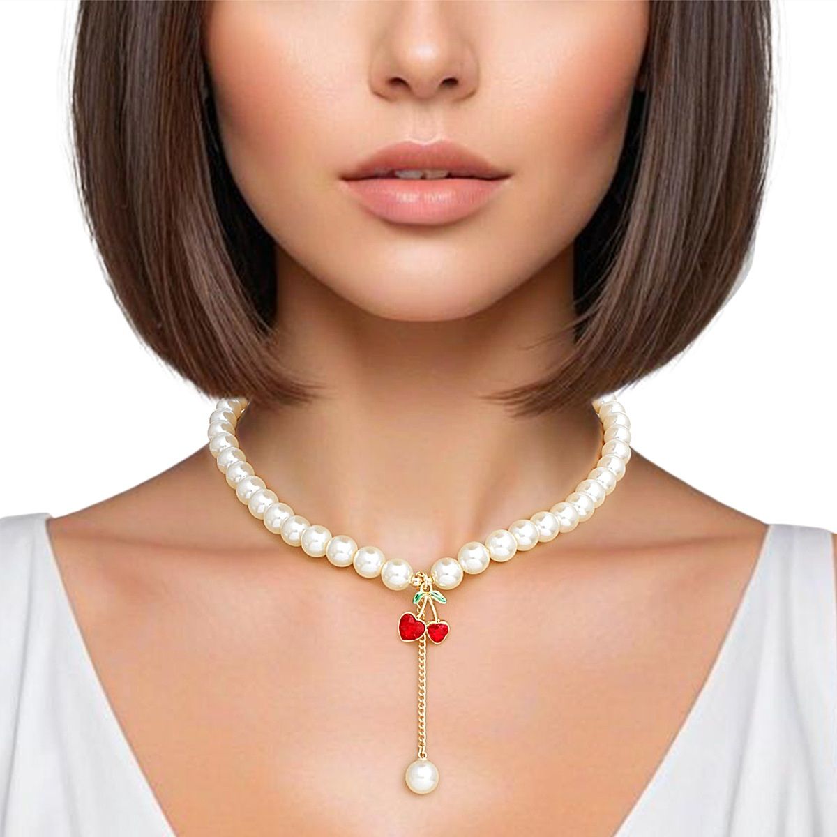 Charm Cream Pearl Cherry Red Heart Necklace Women