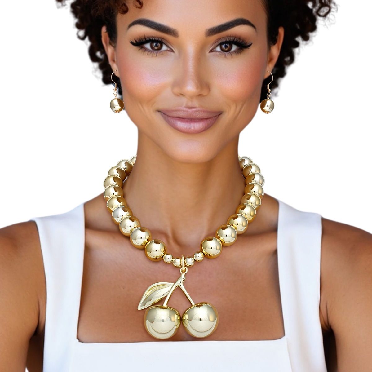 Pendant Glossy Gold Bead Coquette Cherry Necklace