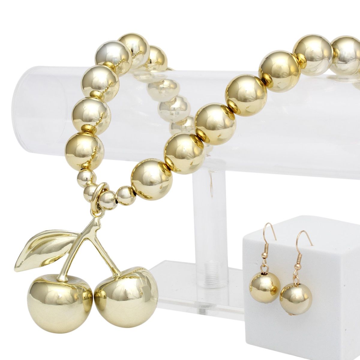 Pendant Glossy Gold Bead Coquette Cherry Necklace