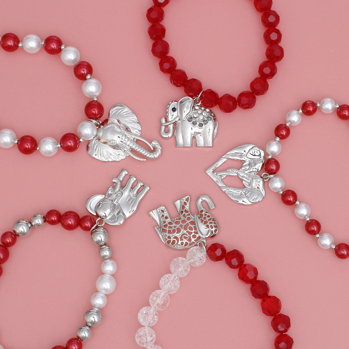 DST Red White Silver Elephant Charm Bracelet Set