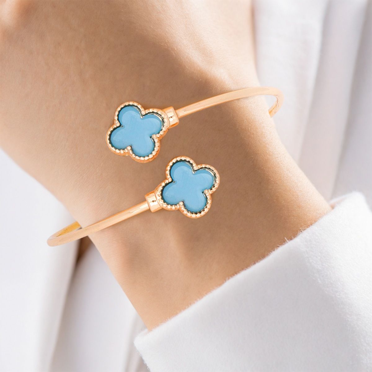 Bangle Gold Blue Clover Open Bracelet for Women