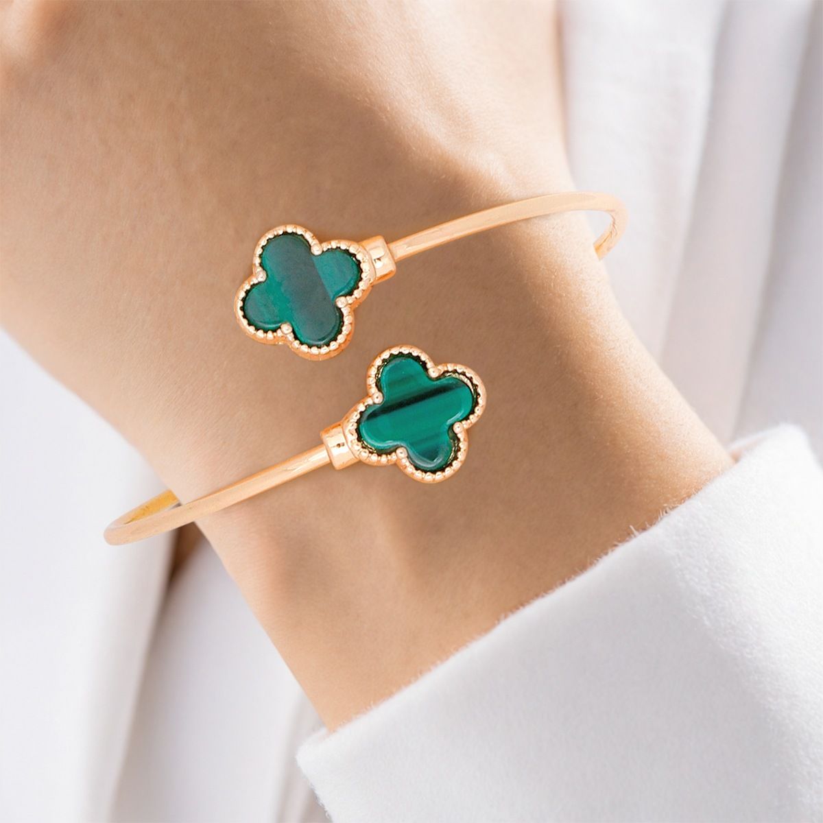 Bangle Gold Green Clover Open Bracelet for Women