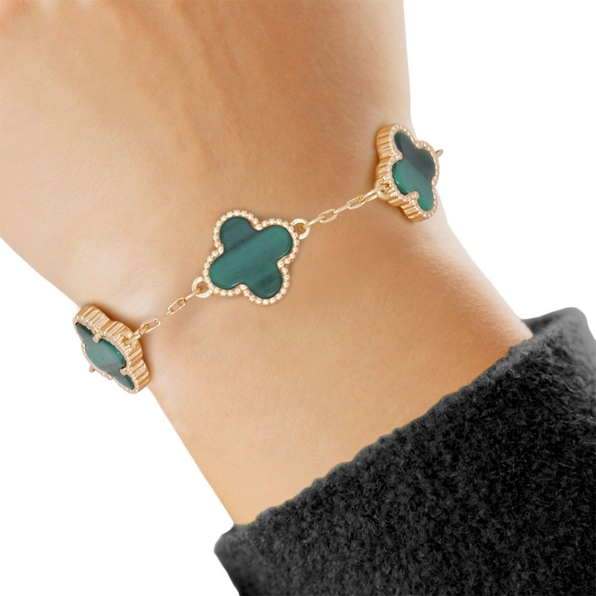 Bracelet Gold Green Quatrefoil Clover 5 Motifs