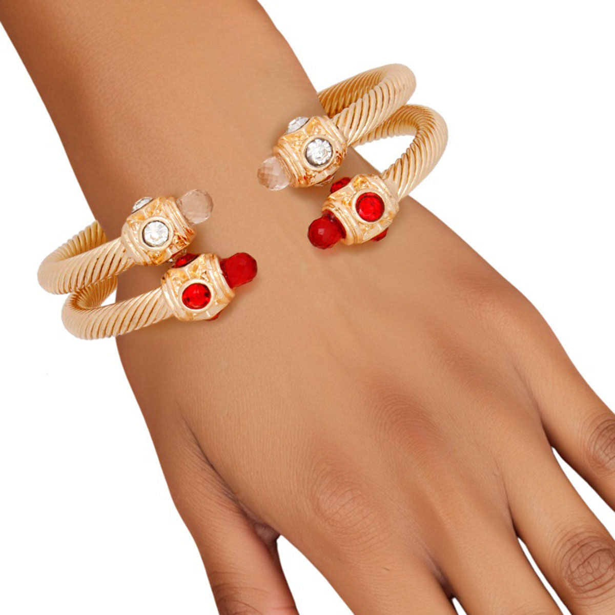 DST Red Clear Crystal Gold Cable Bangle Bracelets