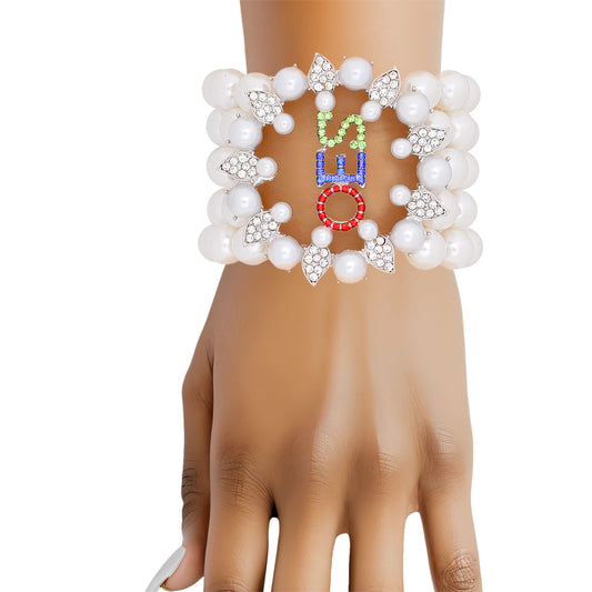 OES Sorority White Pearl 5 Strand Bracelet Women