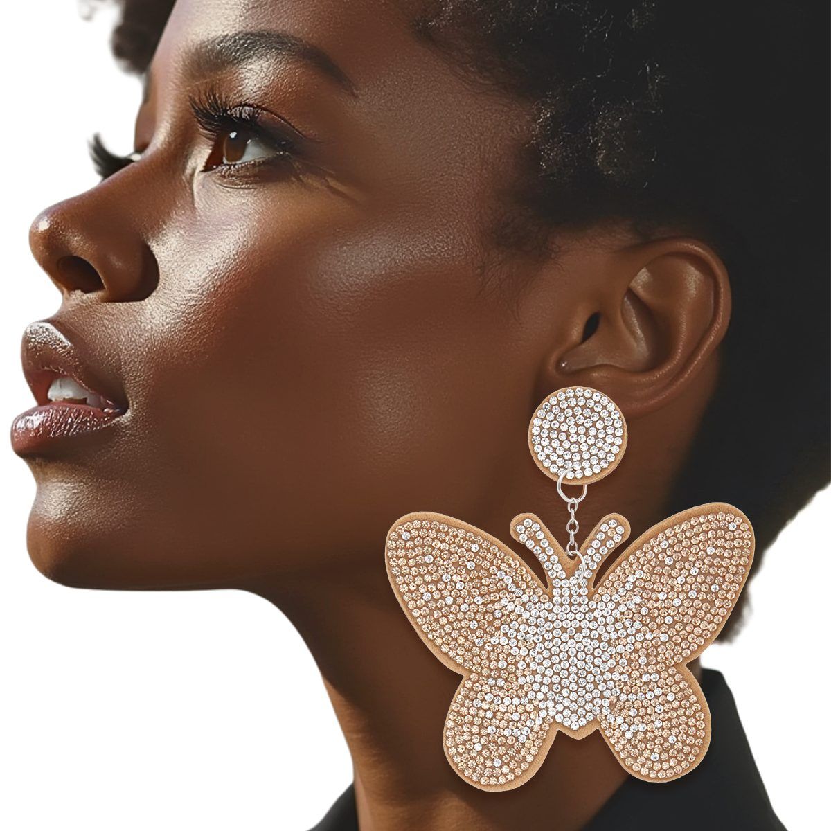 Drop Brown Butterfly Rhinestone Fabric Earrings