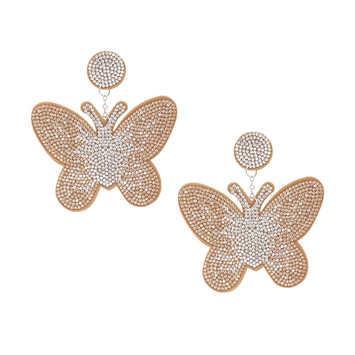 Drop Brown Butterfly Rhinestone Fabric Earrings