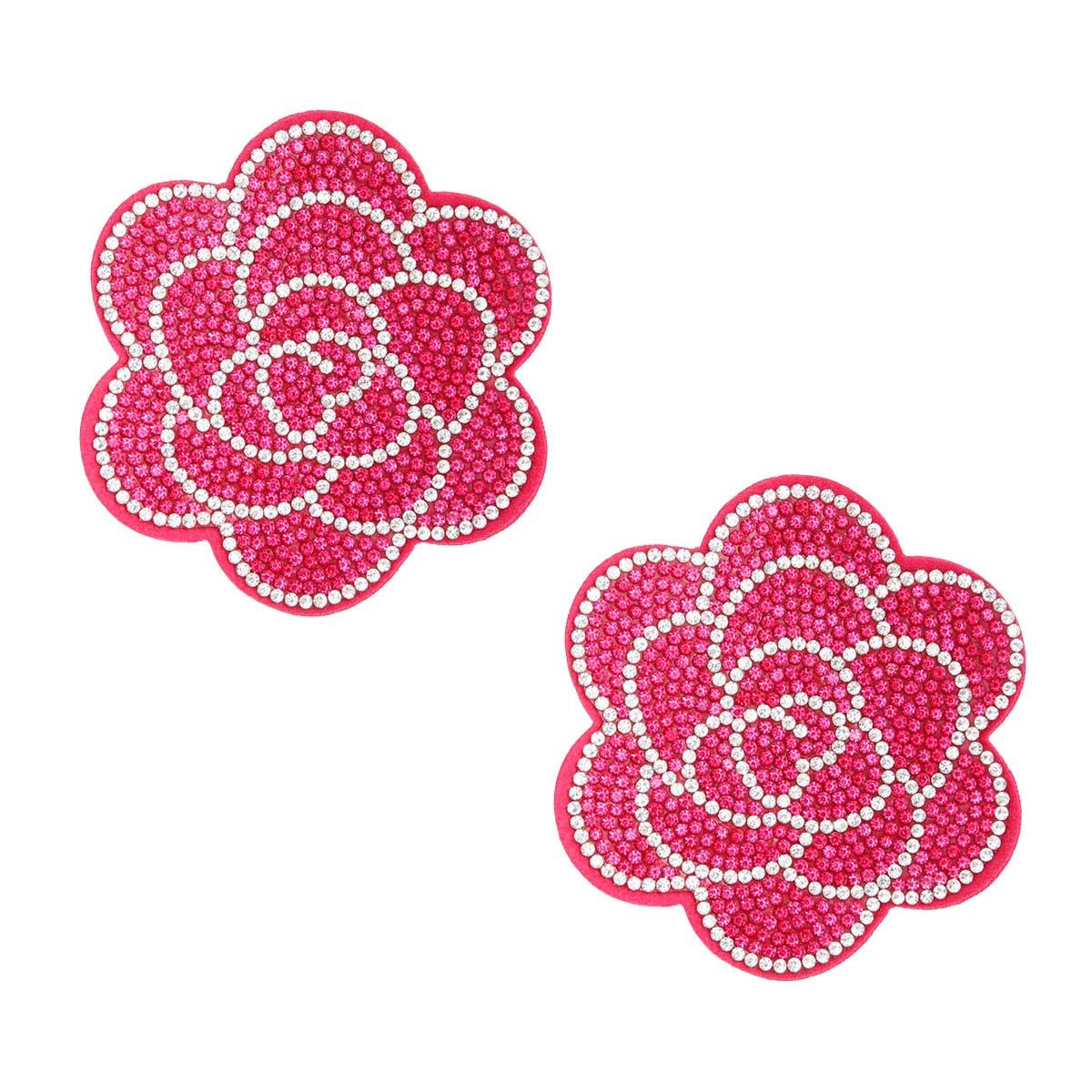 Studs Fuchsia Flower Rhinestone Fabric Earrings