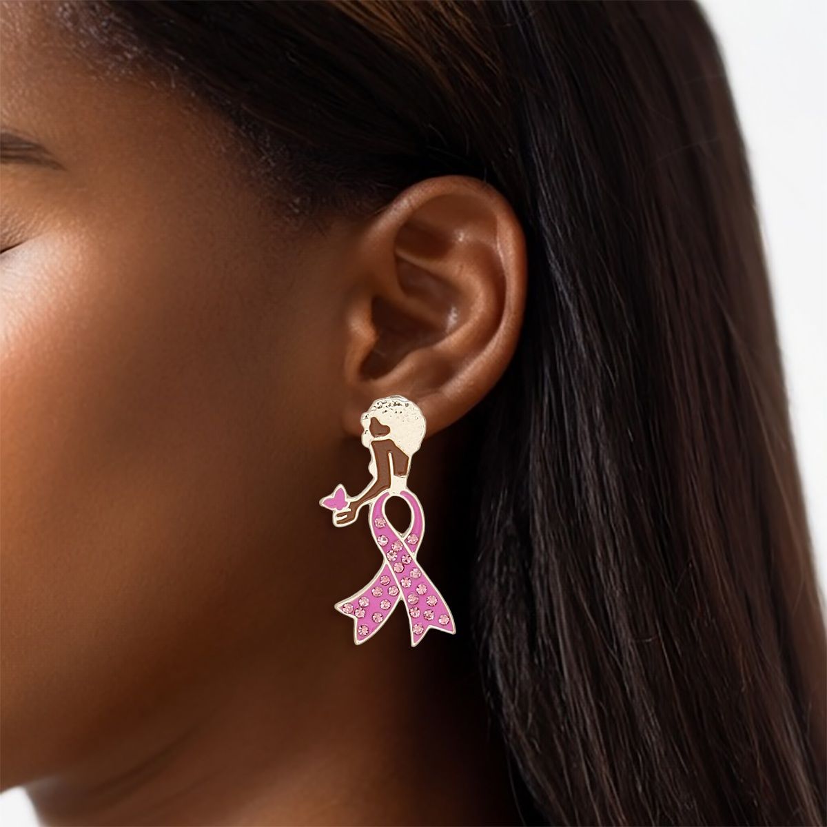 Breast Cancer Stud Gold Pink Ribbon Leg Earrings