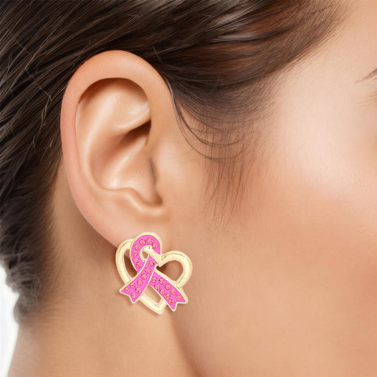 Studs Gold Pink Ribbon Looped Heart Earrings