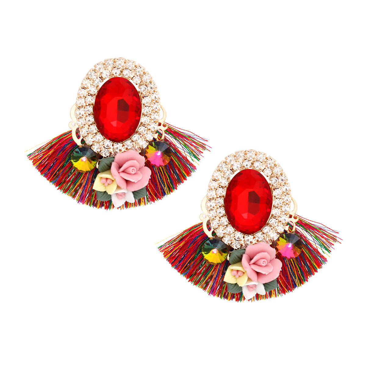 Studs Multicolor Crystal Fan Tassel Floral Earrings