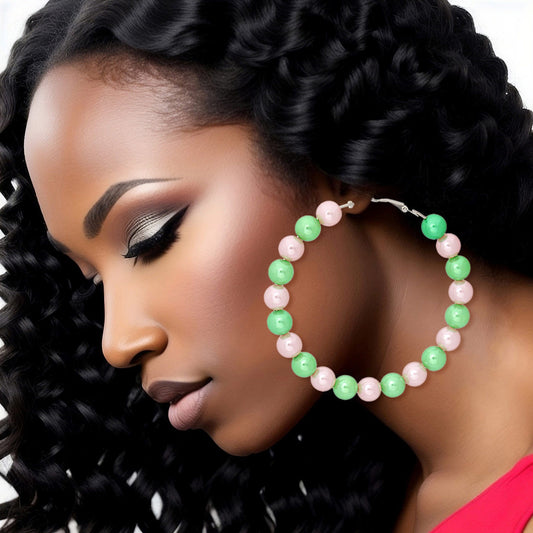 AKA Sorority Pink Green Pearl Hoops for Women