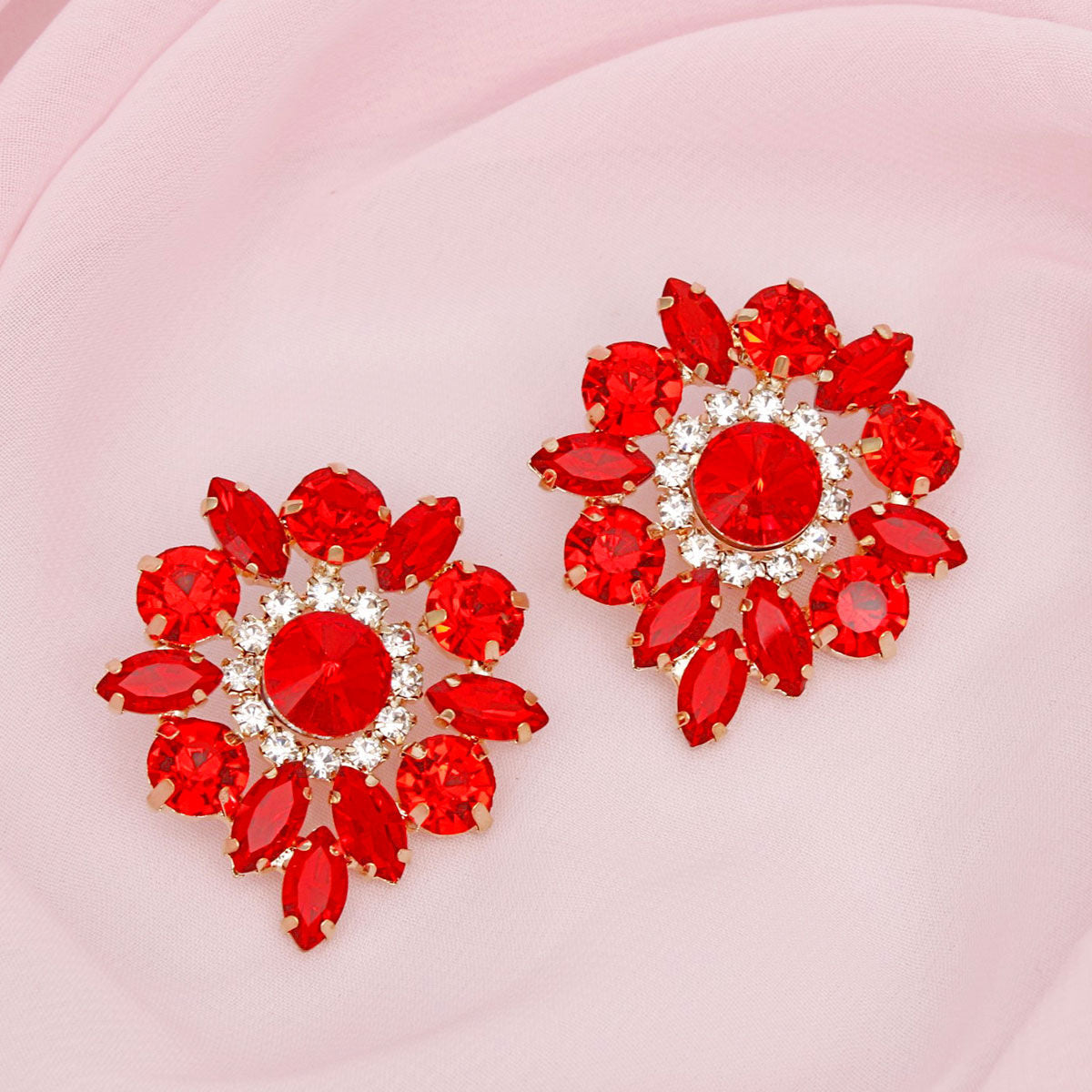 DST Studs Red Crystal Rounded Earrings Women