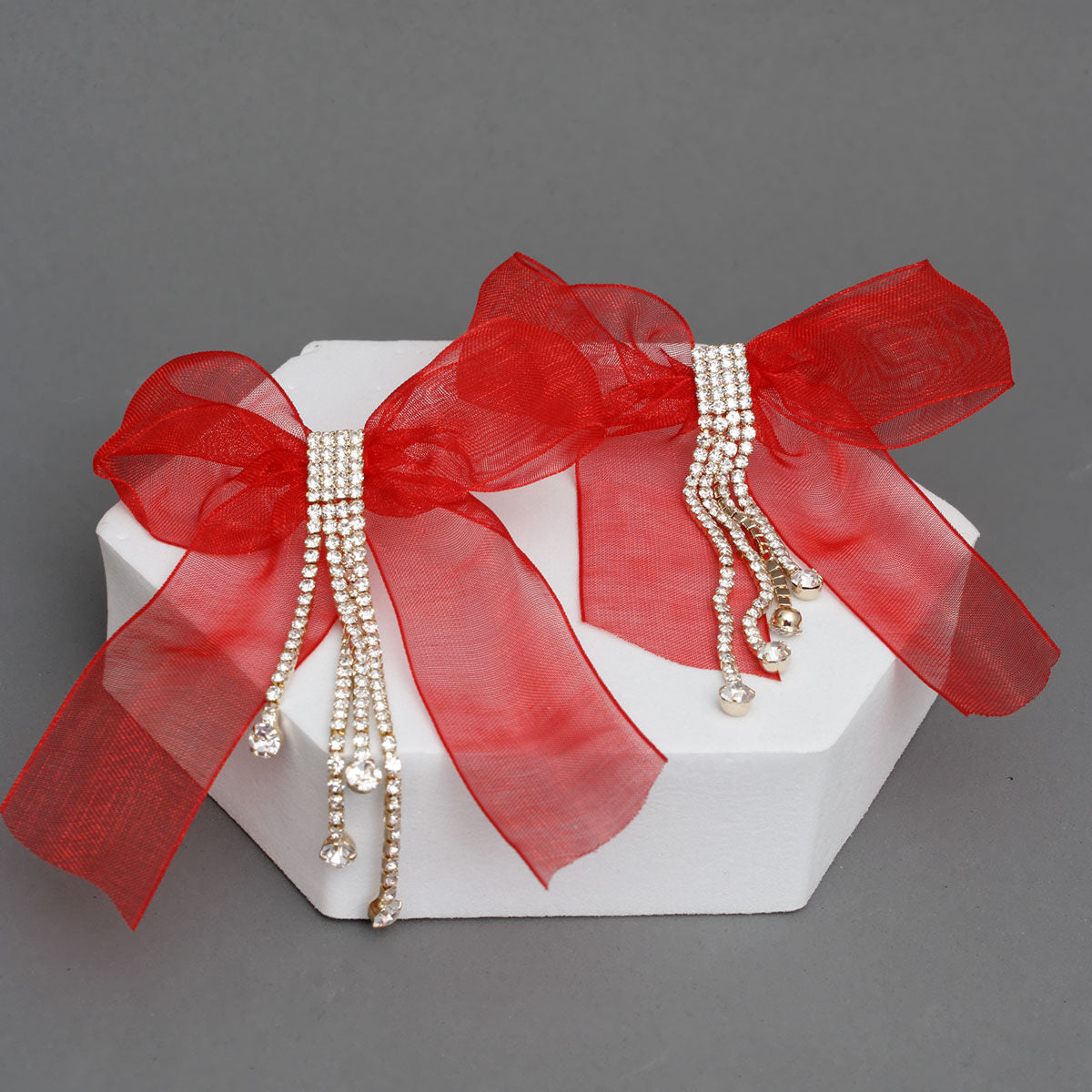 Tassel Red Ribbon Bow Sparkling Fringe Earrings