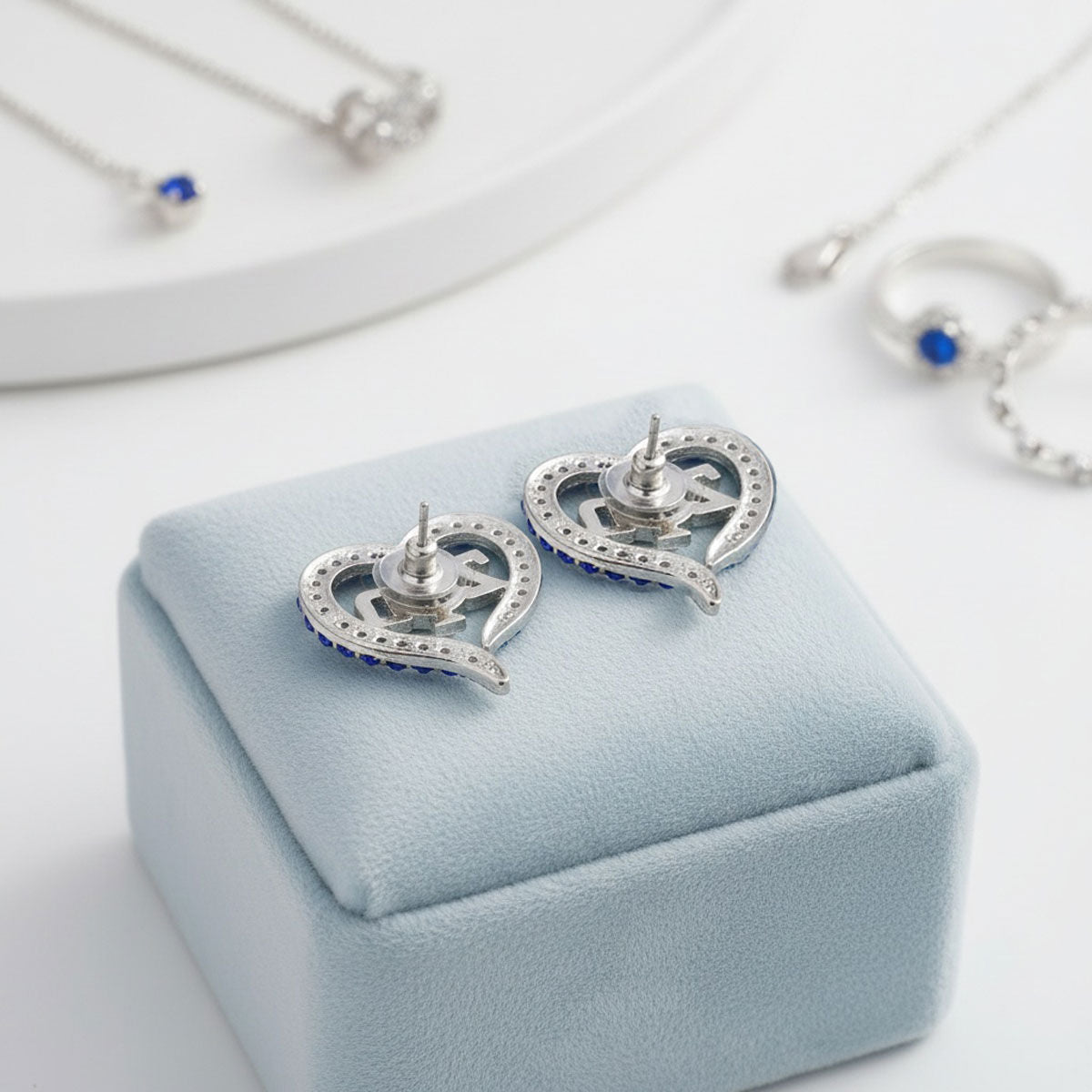 ZPB Sorority Heart Blue Clear Bling Stud Earrings