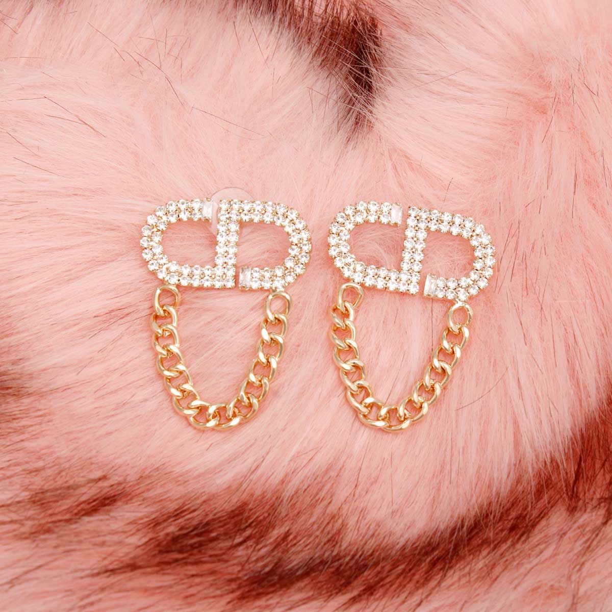 Studs Gold Pave CD Draped Chain Earrings Women