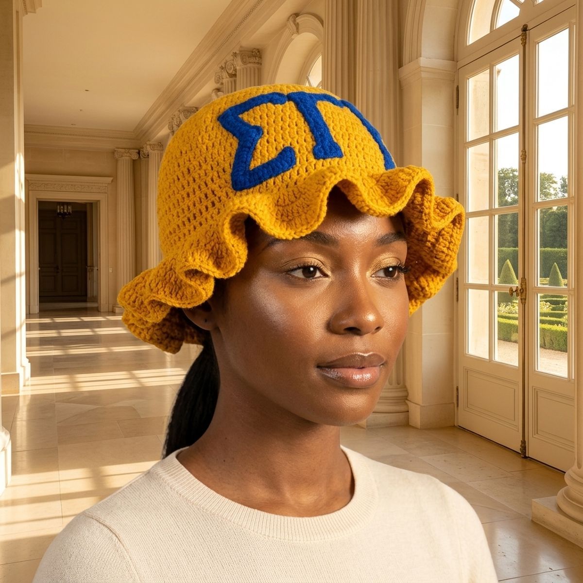 SGRHO Yellow Greek Crochet Ruffle Bucket Hat