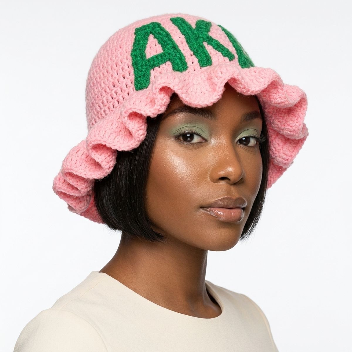 AKA Pink Greek Crochet Ruffle Bucket Hat