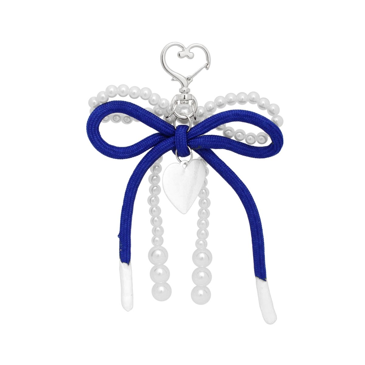 ZPB White Pearl and Blue Cord Bows Heart Bag Clip