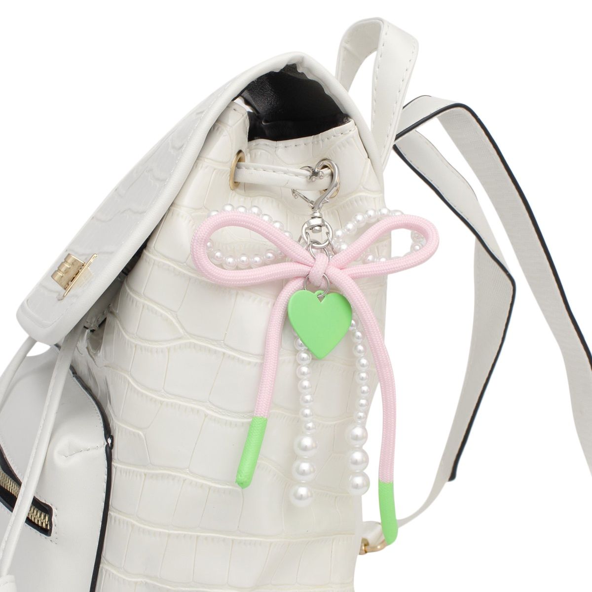 AKA White Pearl and Pink Cord Bows Heart Bag Clip