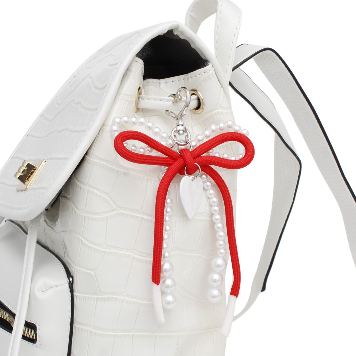 DST White Pearl and Red Cord Bows Heart Bag Clip