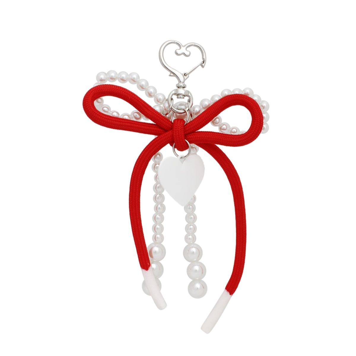 DST White Pearl and Red Cord Bows Heart Bag Clip