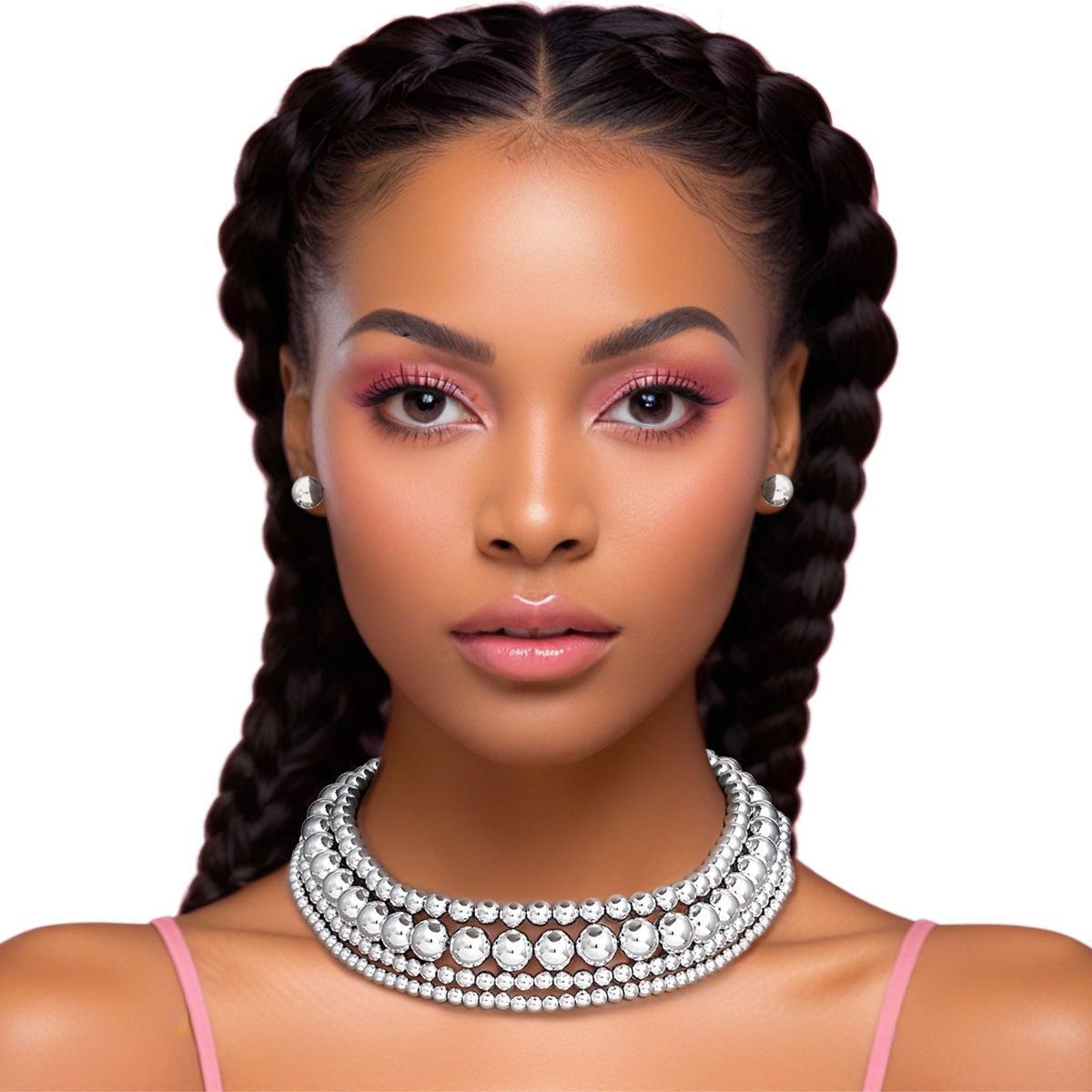 Necklace 4 Row Silver Ball Bead Layered Choker