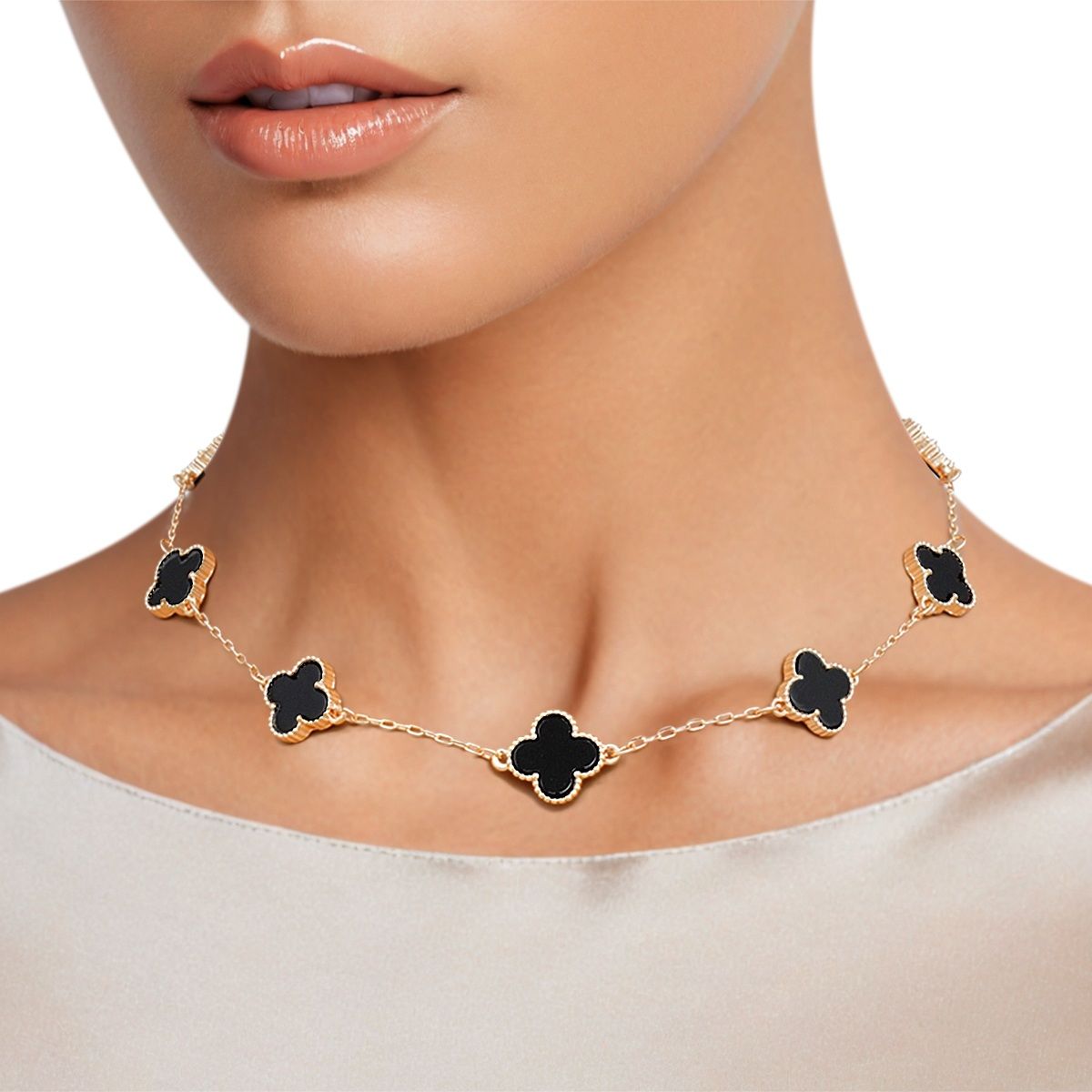 Necklace Gold Black Quatrefoil Clover 7 Motifs
