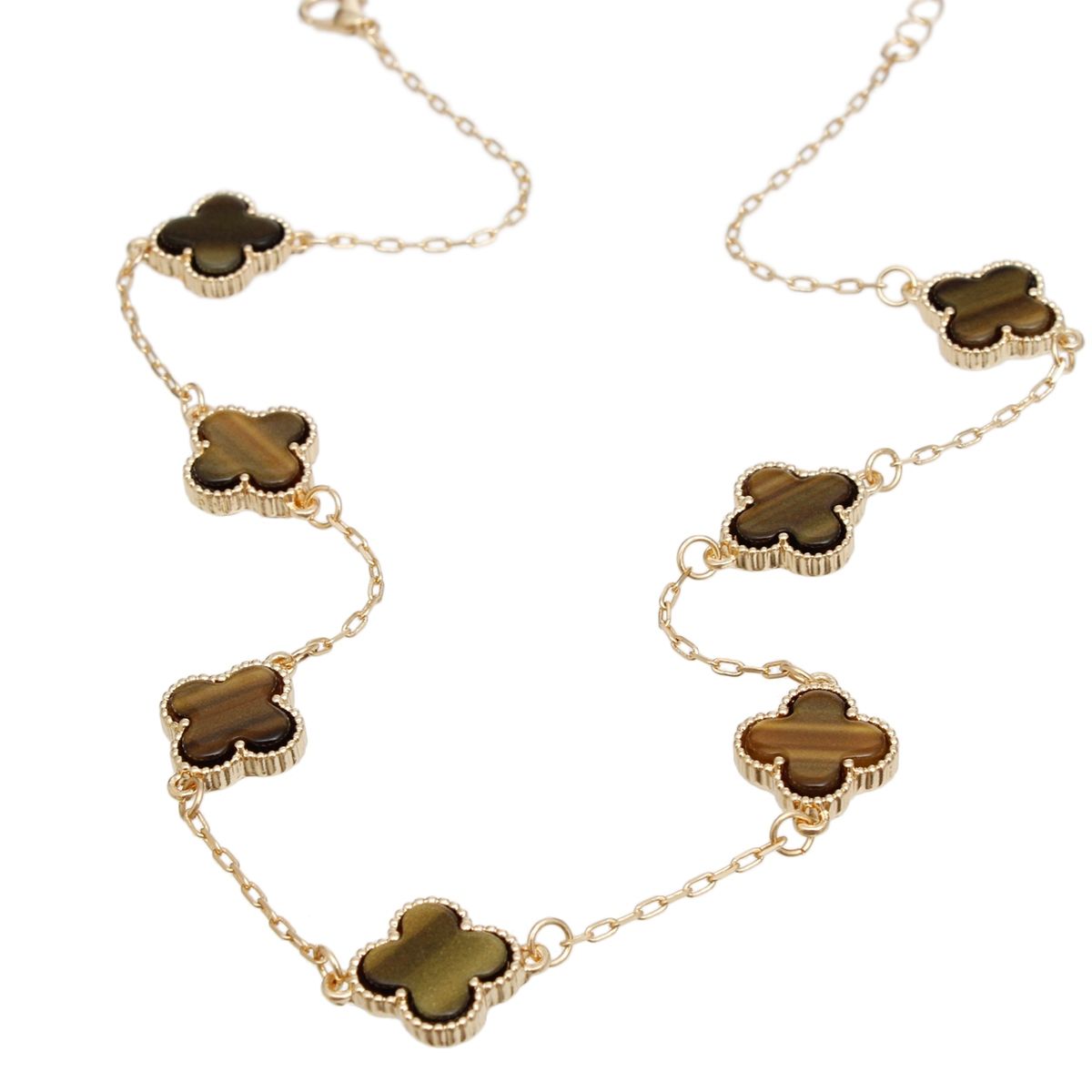 Necklace Gold Brown Quatrefoil Clover 7 Motifs