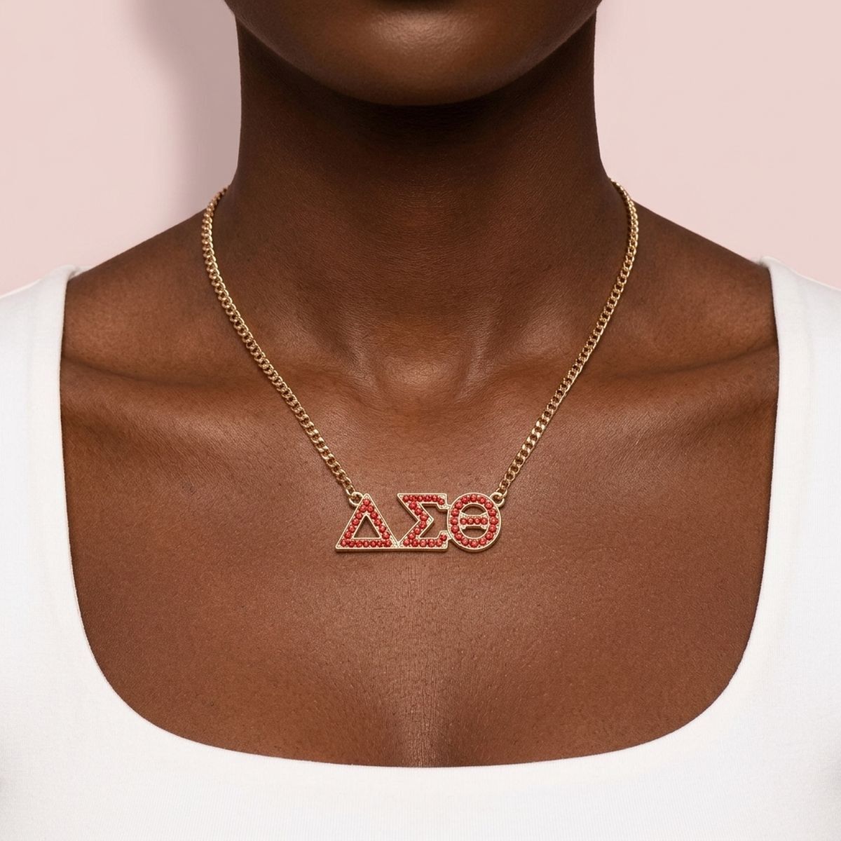 DST Gold Red Rhinestone Greek Letter Necklace