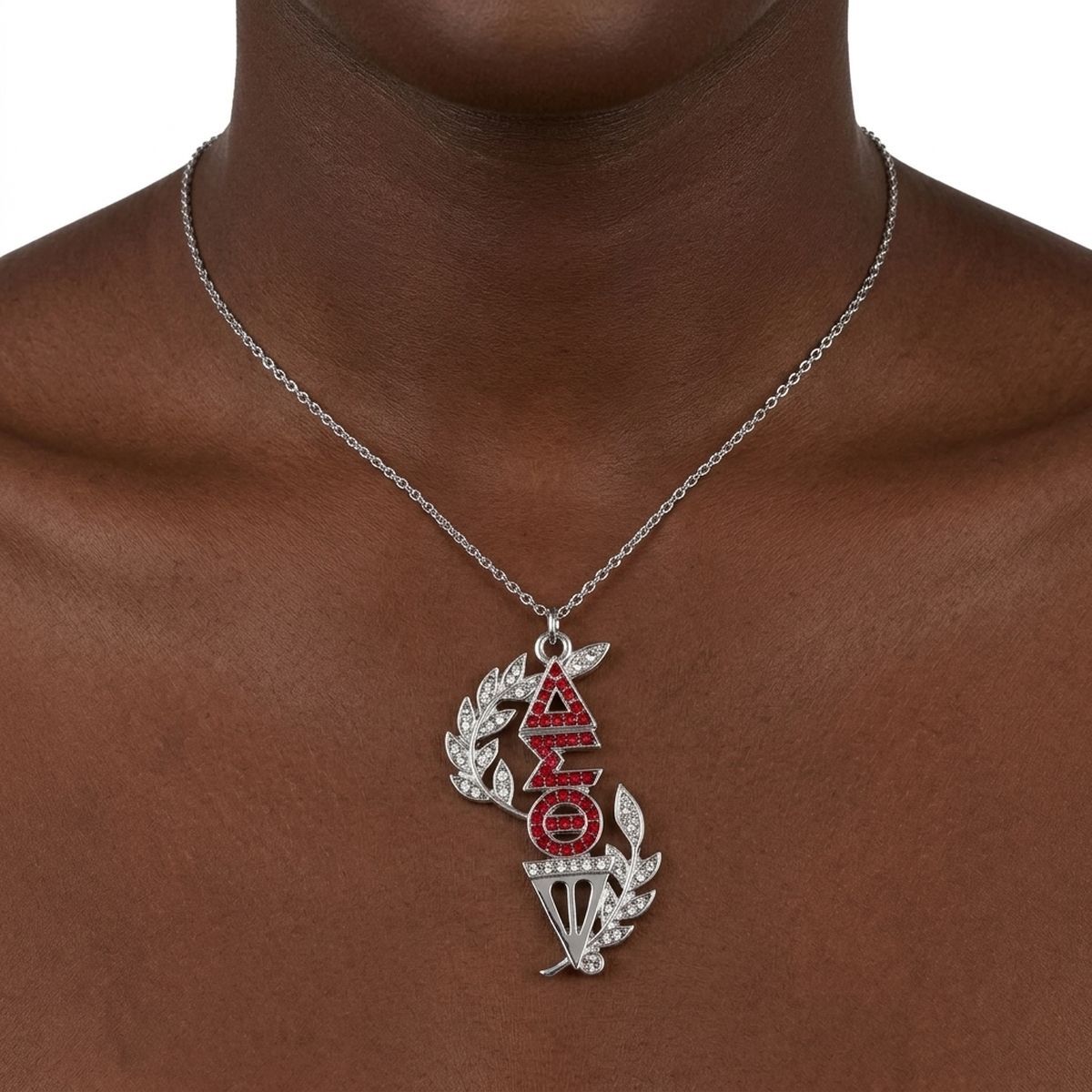 DST Silver Red Rhinestone Laurel Leaf Necklace
