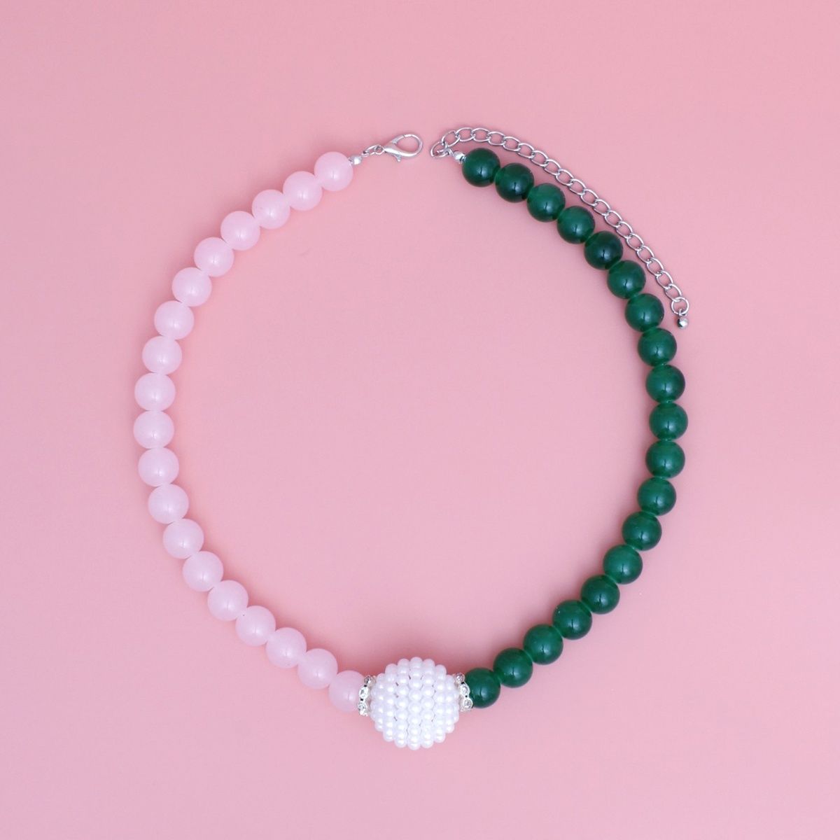 AKA Sorority Pink Green Pearl Glass Bead Necklace