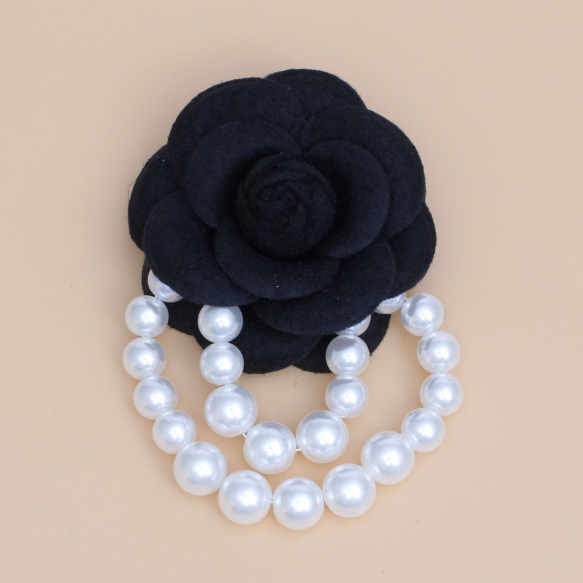 Brooch Black Flower Draped White Pearls Pin