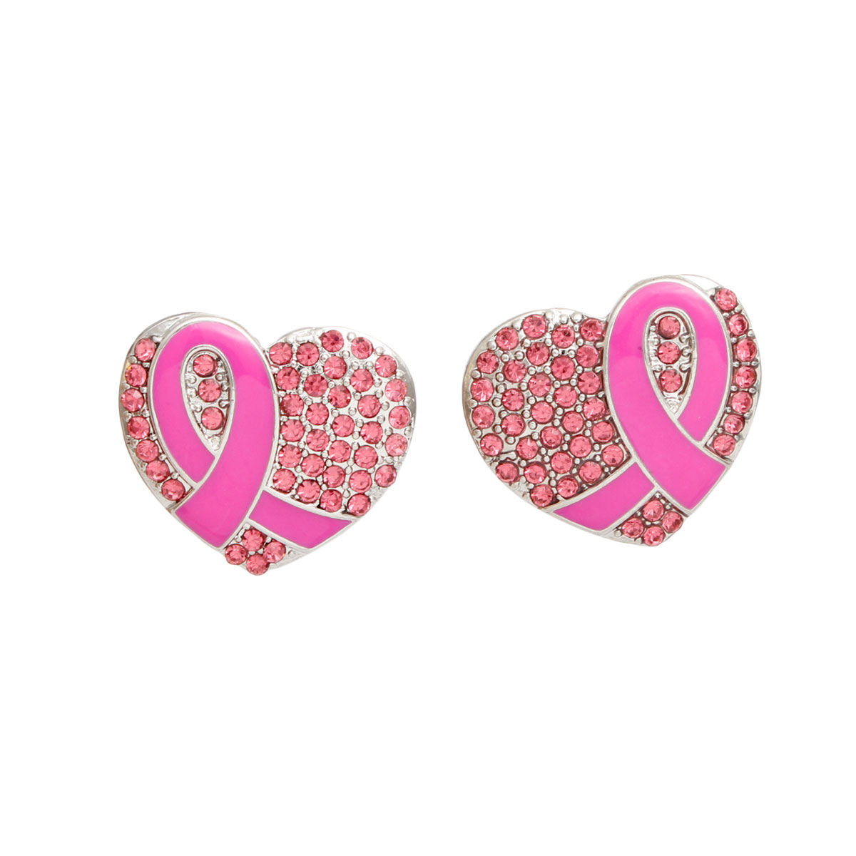 Studs Silver Heart Pink Cancer Ribbon Earrings