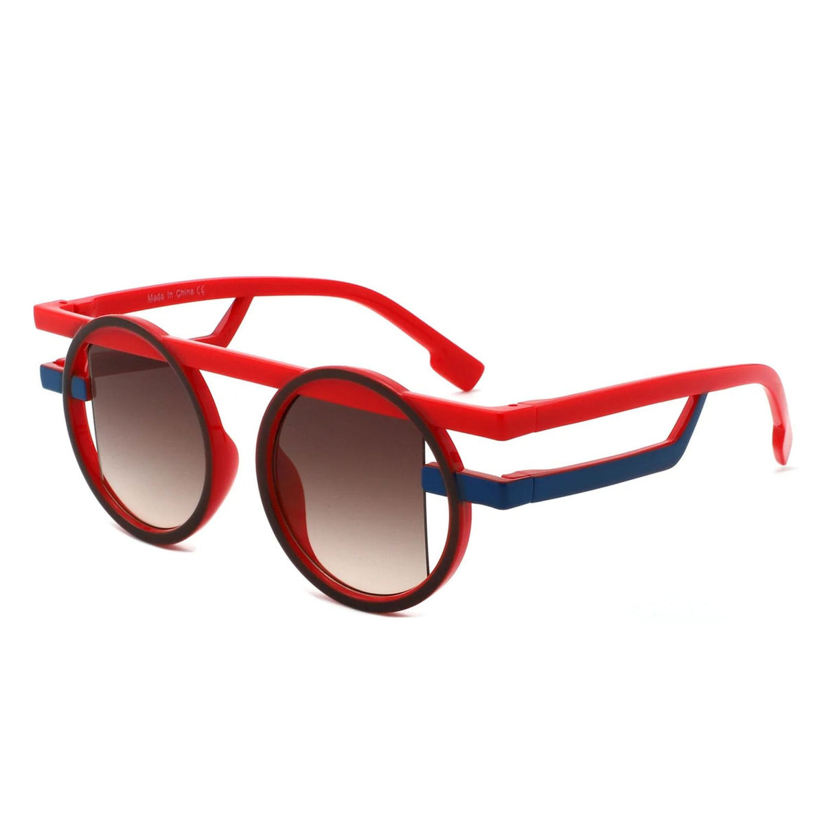 Sunglasses Red Round Futuristic Double Frame