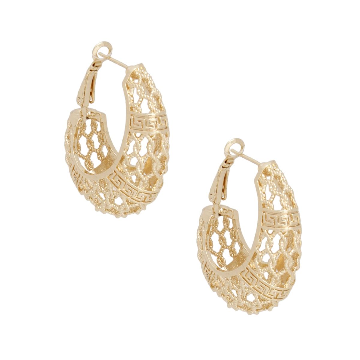 Hoop Gold Brass Oval Woven Net Greek Key Earrings
