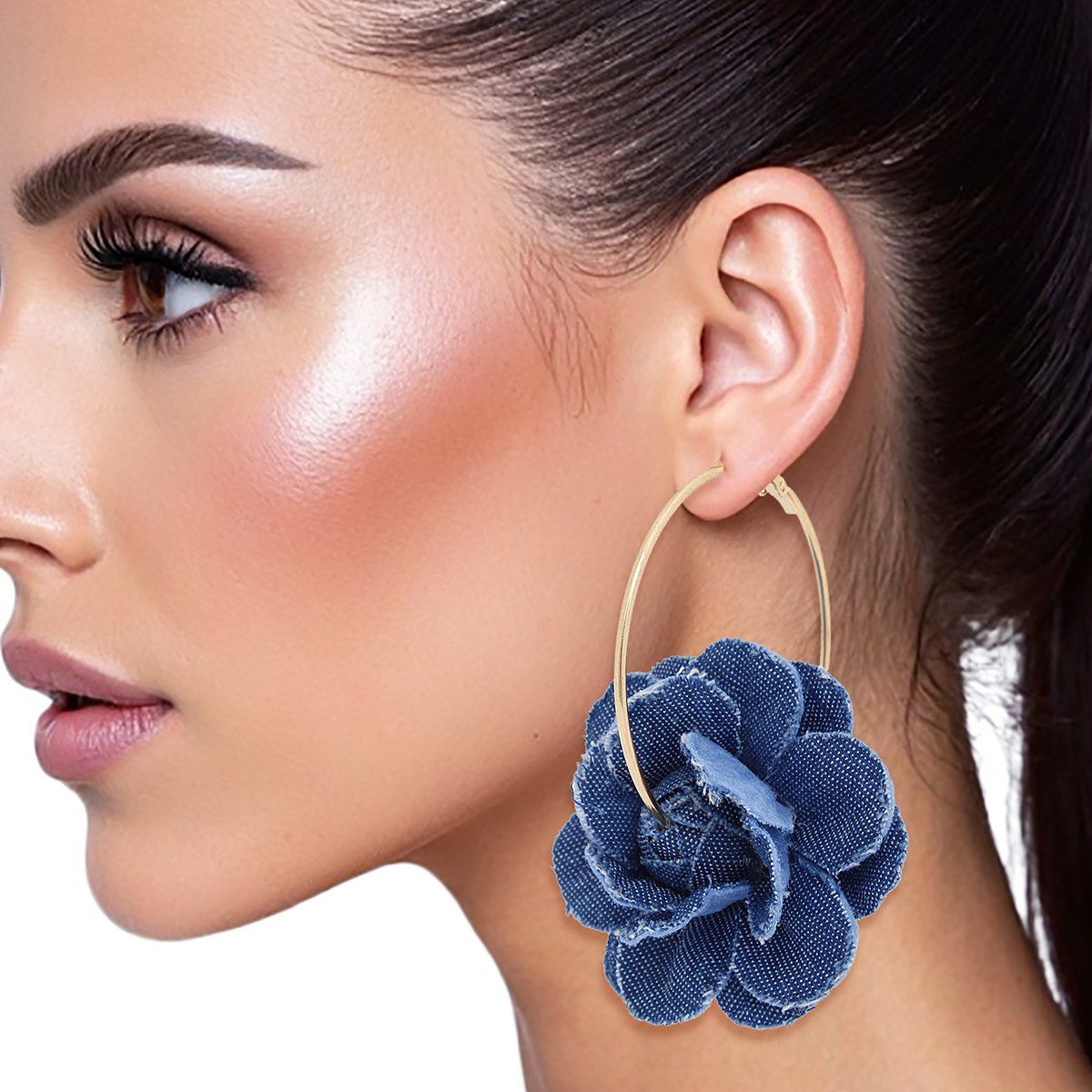 Hoop Denim Dimensional Flower Gold Earrings