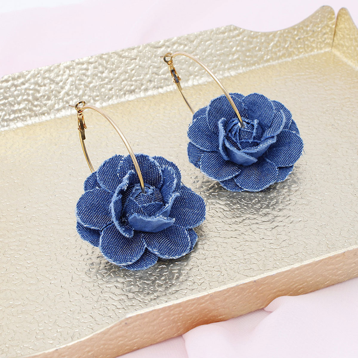 Hoop Denim Dimensional Flower Gold Earrings