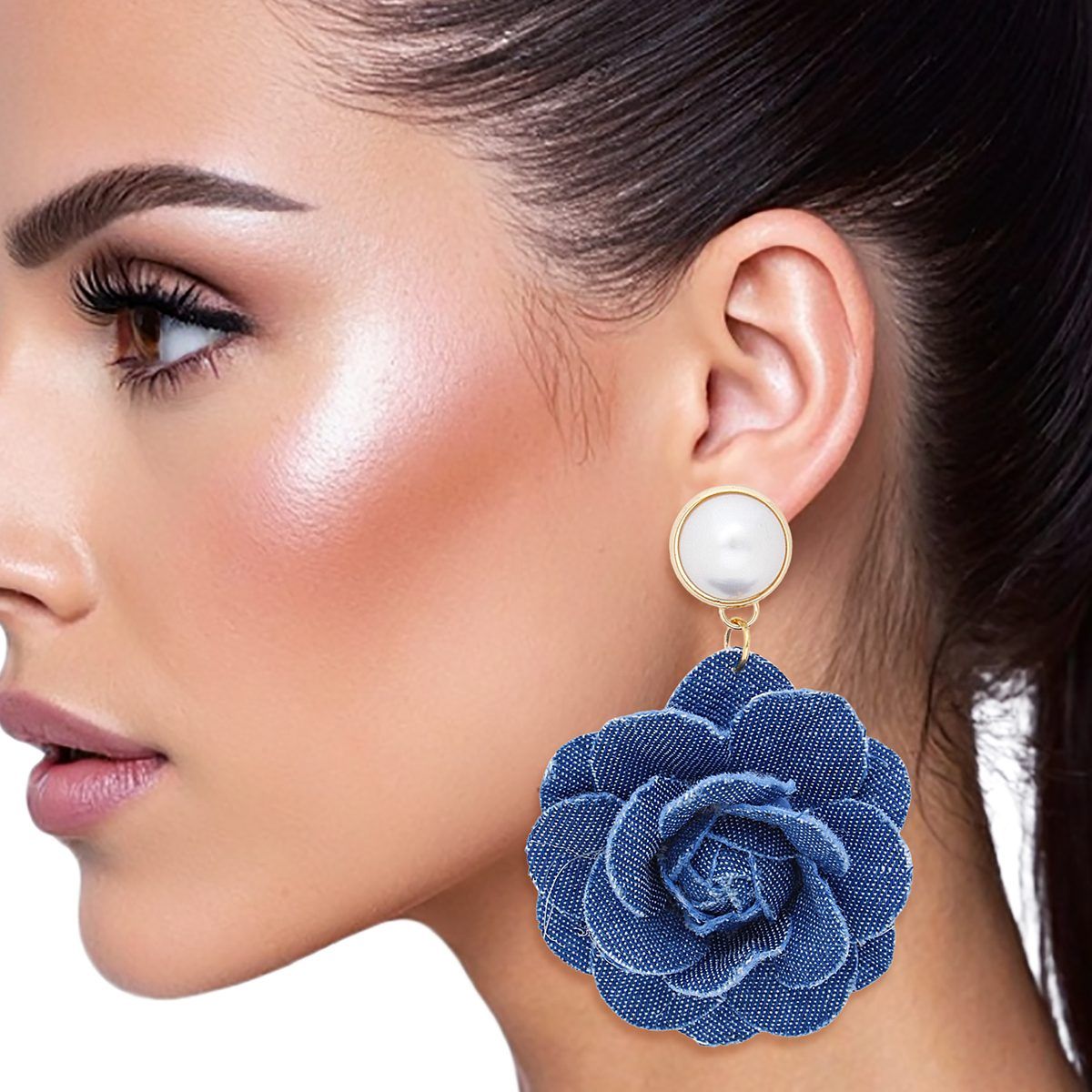 Drop Denim Dimensional Flower Pearl Earrings
