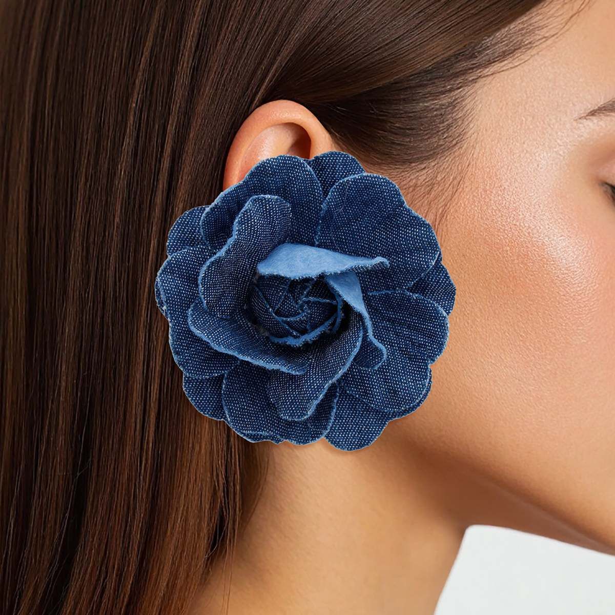 Stud Dark Blue Denim Large 3D Flower Earrings