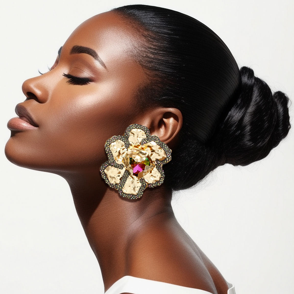 Stud Glamorous Crystal Gold 3D Flower Earrings