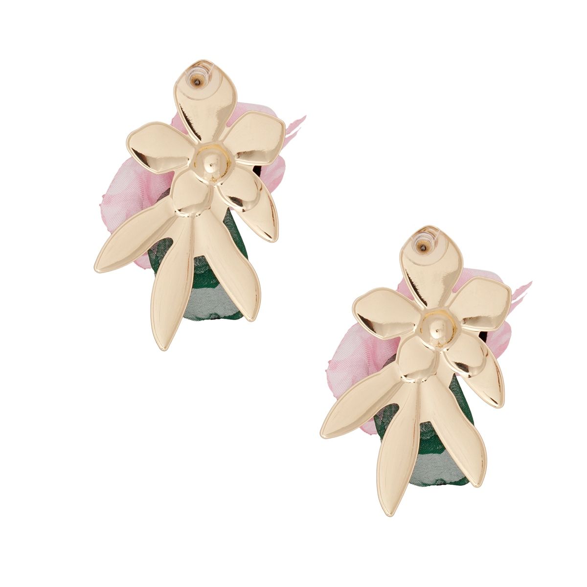 AKA Stud Gold Pink Green Fabric Flower Earrings