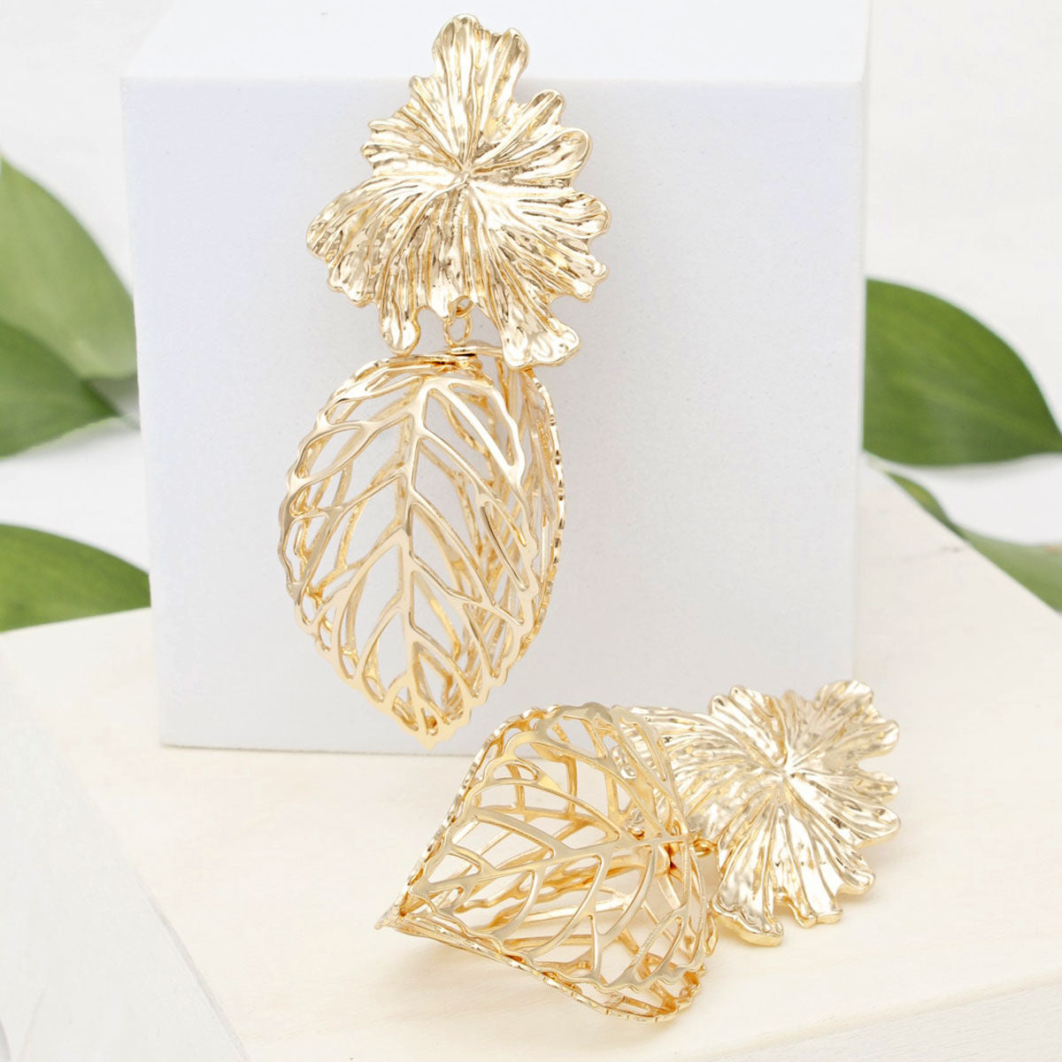 Drop Architectural Gold 3D Caged Leaf Earrings