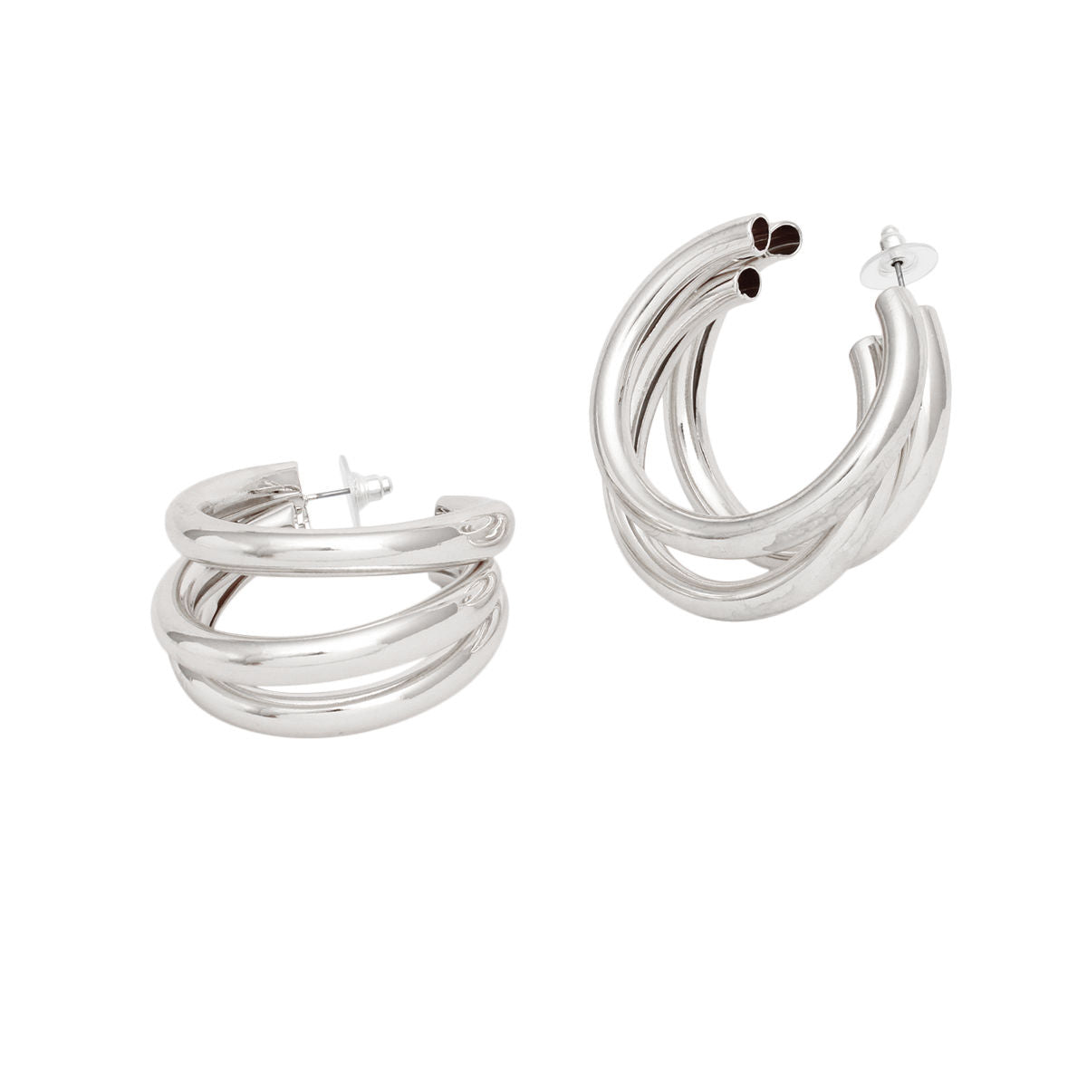 Hoop Triple Threat Silver Metal Tube Earrings